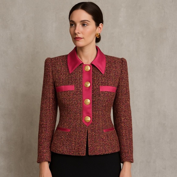 Ruty Jackets & Blazers - Ruty Paris Made in France Bouclé Tweed Blazer Pink Satin Trim Gold‎ Buttons 44